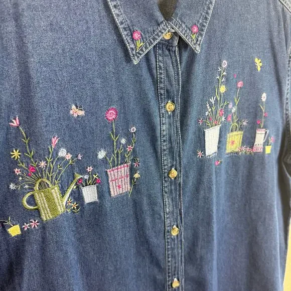 Bobbie Brooks NWT Vtg Floral Garden Embroidered Short Sleeve Jean Shirt 18W 20W - Picture 3 of 6